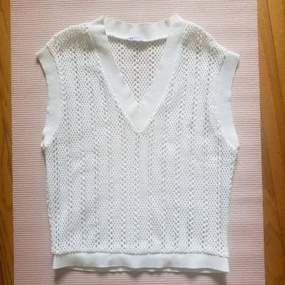 Zara White Mesh Knit Vest, M - Picture 1 of 6